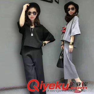 套裝 歐洲站2015秋款新款時尚中袖闊腿褲套裝針織衫大碼女裝兩件套女