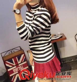 9月6新款 日系甜美秋冬新品女裝 純棉小高領打底衫刺繡嘴唇條紋高彈力T恤原始圖片3