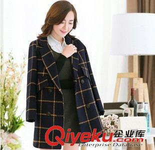 20150920新品 2015秋冬新款韓版中長款毛呢外套女 時尚翻領H版型雙扣格子大衣