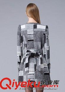 20150920新品 2015秋季新款韓版腰帶毛呢外套女 中長款修身格子拼接暗扣大衣