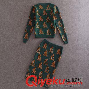 20150903新品 歐洲站2015秋季新款袋鼠圖案針織毛衣+包臀開叉半身裙兩件套裝原始圖片2