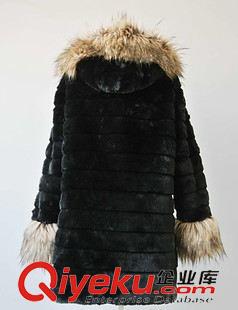仿皮草 2015歐美時(shí)髦仿貉子毛{lx}仿兔毛橫條紋中長款皮草大衣外套批發(fā)原始圖片3
