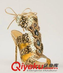 歐美鞋 2015歐美新款時髦鏤空金色系帶性感魚嘴超高細跟淑女款涼鞋批發(fā)原始圖片2