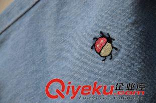5~18~ 15韓版刺繡小瓢蟲松緊腰抽繩挽邊女牛仔短褲 熱褲 牛仔褲原始圖片2