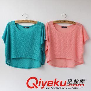 2015年 春夏款 14外貿(mào)新款 日單純色百搭寬松蝙蝠短袖短款蕾絲女式罩衫 女T恤原始圖片2