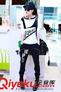 DJ 2015秋季新款女潮黑白拉鏈休閑時(shí)尚套裝運(yùn)動(dòng)印花長褲大碼二件套