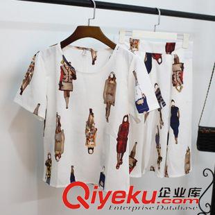6月新款第十三期 2015夏季新款棉麻套裝 小香風(fēng)羽毛印花上衣+中長款半身裙女夏原始圖片2