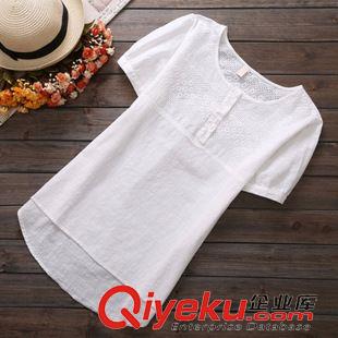 蕾絲衫 Y3970#2015夏季新款不規(guī)則棉麻女短袖寬松大碼襯衫蕾絲拼接上衣原始圖片2