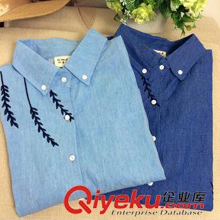 長袖襯衫 2015秋冬新款女裝 修身學院風樹葉刺繡牛仔休閑高腰時尚襯衣原始圖片3