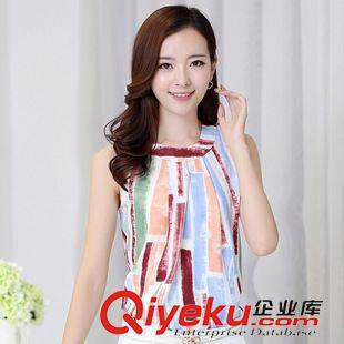 背心 吊帶  Y4101#新款2015夏裝韓版女裝 立領(lǐng)無(wú)袖撞色印花背心上衣原始圖片3