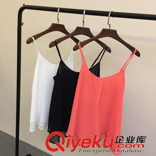 背心 吊帶  2015夏新款女裝韓版修身顯瘦水墨印花雪紡V領(lǐng)吊帶背心打底衫女