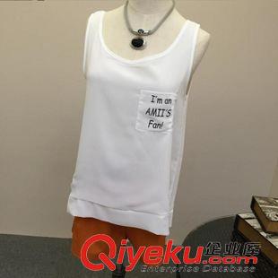 背心 吊帶  Y4077#2015夏裝新款 雙層雪紡背心 口袋印花字母 女上衣小衫 潮原始圖片3