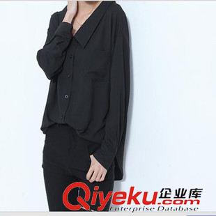 2015-8月秋款 2015秋款歐美中長款雪紡長袖襯衫V領(lǐng)百搭顯瘦黑白純色女襯衣原始圖片2