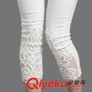 性感女神夜店裝 2015夏季新款女士休閑蕾絲鉤花鑲鉆白色外穿九分小腳褲打底褲原始圖片3