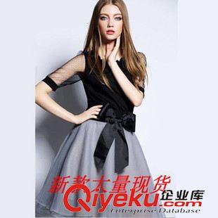 歐款下裝 2015夏秋裝新款女士套裝 波點網(wǎng)紗拼接T恤蝴蝶結半身裙兩件套批發(fā)原始圖片2