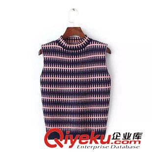 5-6號新款 韓版秋打底衫女 小高領無袖修身針織拼色條紋毛衣背心女 短上衣女原始圖片3