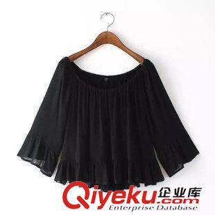 7-8號新款 歐美大牌女裝夏新款  一字領荷葉袖雪紡百褶短款女式上衣 女襯衫原始圖片2