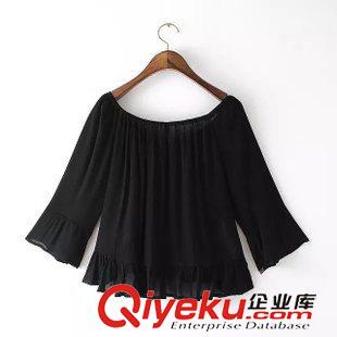 7-8號新款 歐美大牌女裝夏新款  一字領荷葉袖雪紡百褶短款女式上衣 女襯衫原始圖片3