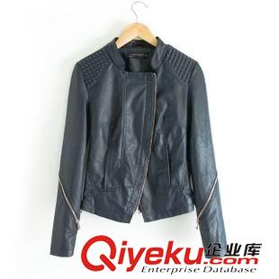 皮衣 同款歐美秋冬新立領(lǐng)壓花鉚釘手臂拉鏈修身斜拉鏈機(jī)車皮衣女外套原始圖片2