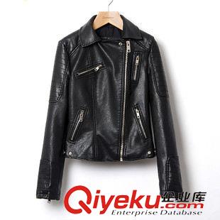 皮衣 歐美2014春裝新品同款機(jī)車(chē)款水洗珠光長(zhǎng)袖翻領(lǐng)修身皮衣短裝外套原始圖片3
