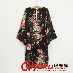 合服 女裝批發(fā)14春夏新款歐美dp田園風(fēng)印花V領(lǐng)和服式九分袖連衣裙