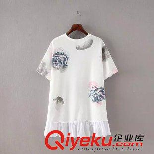 T 恤 爆款 韓國(guó)東大門(mén)夏季新款女式上衣 花朵印花荷葉邊拼接中長(zhǎng)女T恤原始圖片2
