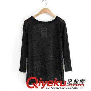 T 恤 2014歐美春裝新款女裝專柜款圓領(lǐng)修身長袖前片印花拼接T恤原始圖片2