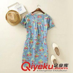 連衣裙 韓國新款女裝 水洗印花短袖修身抽繩牛仔連衣裙花色女裙子夏裙子原始圖片2