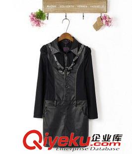 連衣裙 2013秋款新款韓版修身泡泡袖水鉆領亮片pu皮裙包臀長袖皮連衣裙女原始圖片2