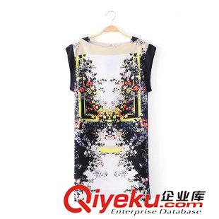 連衣裙 歐美dp新品 夏季撞色印花打褶裝飾無袖連衣裙 V領女裙