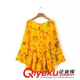 連體褲 秋季新款女裝 波西米亞印花喇叭袖露臍沙灘雪紡連衣褲連衣短褲女原始圖片2