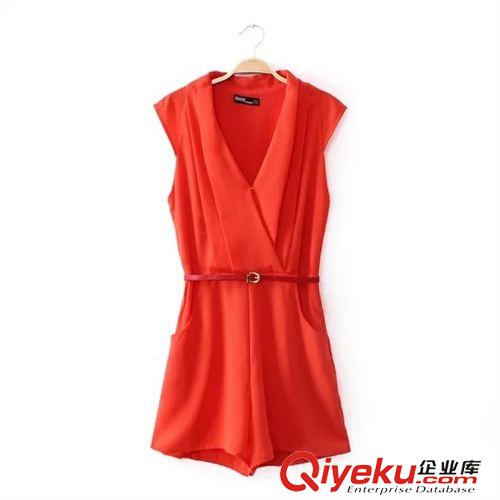 連體褲 新款2014夏裝歐美風(fēng)女腰帶款V領(lǐng)無(wú)袖連體短褲女短褲女褲熱褲原始圖片3