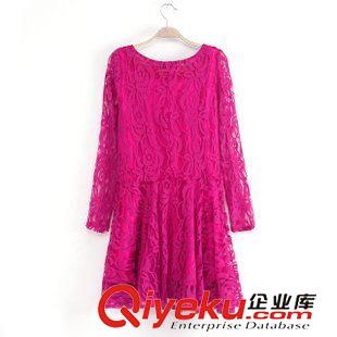 連體褲 2014歐美專柜款新款女裝新款大碼長袖圓領蕾絲紗網刺繡純色連衣裙原始圖片2