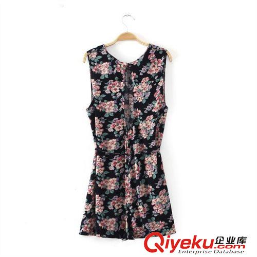 連體褲 2014夏裝新款 歐美風同款印花修身 露背 棉麻印花連體褲套裝原始圖片3