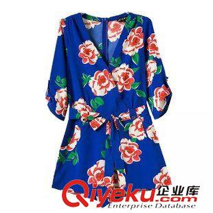 連體褲 歐美風V領七分袖印花蝴蝶結腰帶修身連體褲直筒短褲女裝 LF105045原始圖片3