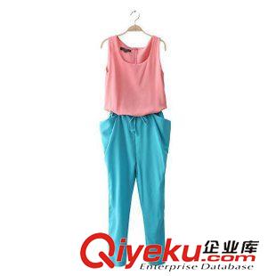 連體褲 2014夏裝新品女裝韓版時尚修身無袖休閑拼色連體大口袋長褲套裝女原始圖片2