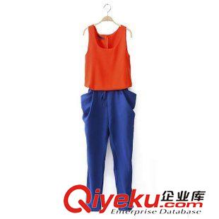 連體褲 2014夏裝新品女裝韓版時尚修身無袖休閑拼色連體大口袋長褲套裝女原始圖片3
