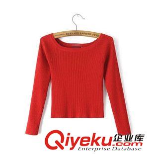 7-8號新款 歐美AA款高腰露臍長袖露肩修身一字領針織T恤女士短上衣 aa款女原始圖片3