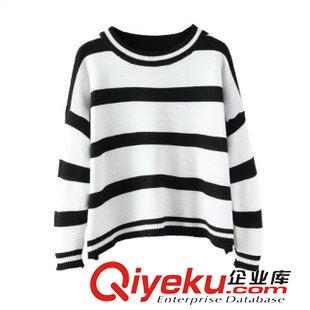 9-10號新款 秋季新款女  黑白寬條紋顯瘦圓領(lǐng)長袖寬松針織套頭毛衣女短上衣原始圖片2