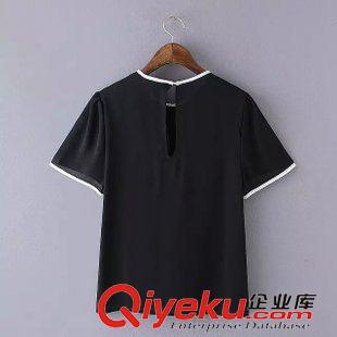 15-16號(hào)新款 歐美ZA款 領(lǐng)口束帶撞色滾邊上衣 套頭襯衫女短袖上衣休閑襯衣原始圖片2