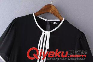 15-16號(hào)新款 歐美ZA款 領(lǐng)口束帶撞色滾邊上衣 套頭襯衫女短袖上衣休閑襯衣原始圖片3