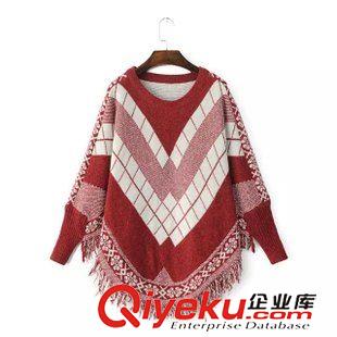 19-20號新款 秋冬新款女 幾何提花蝙蝠袖斗篷流蘇套頭針織毛衣女寬松毛衣上衣
