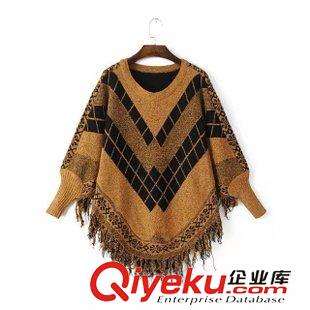 19-20號新款 秋冬新款女 幾何提花蝙蝠袖斗篷流蘇套頭針織毛衣女寬松毛衣上衣原始圖片2