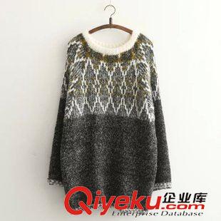 19-20號新款 爆款女 秋冬新款 幾何拼色圓領寬松針織套頭毛衣 中長款毛衣女