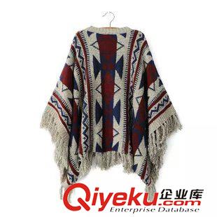 21-22號(hào)新款 歐美民族風(fēng)幾何菱形提花斗篷蝙蝠衫女套頭針織毛衣女原始圖片2