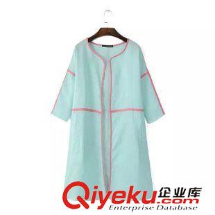 21-22號新款 韓國新款女 七分袖圓領(lǐng)拼色中長款棉麻風(fēng)衣開衫大衣口袋外套原始圖片2