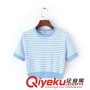 29-30號新款 歐美AA款明星款條紋針織短袖修身高腰露臍T恤衫女式短上衣打底衫原始圖片2