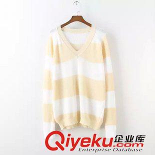1-2號新款 V領(lǐng)收腰條紋薄針織衫套頭罩衫女士短上衣 秋季新款女裝 百搭款原始圖片3