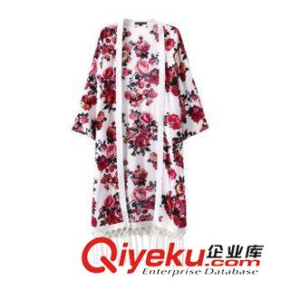 3-4號新款 歐美dp女裝 人棉印花流蘇拼接和服開衫外套女上衣長款披肩