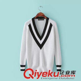 7-8號(hào)新款 歐美街頭時(shí)尚大牌 學(xué)院風(fēng)V領(lǐng)黑白拼色寬松棉針織毛線毛衣女套頭衫原始圖片2